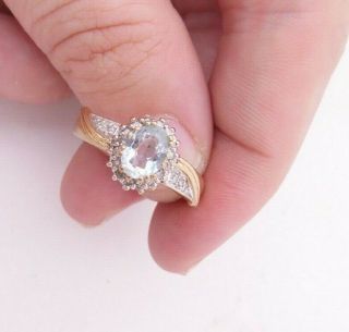 9ct Gold Diamond & Aquamarine Heavy Art Deco Design Ring,  D&e,  9k 375