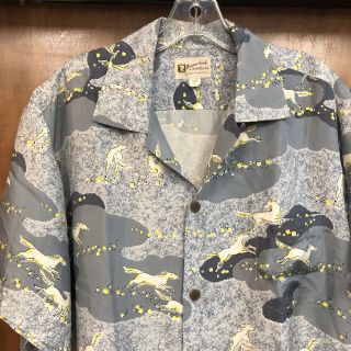 Vintage 1950’s Atomic Horses Pattern Loop Collar Silk Hawaiian Shirt - Large