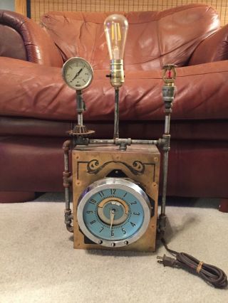 Vintage One Of A Kind Steam Punk Folk Art Lamp Light Clock
