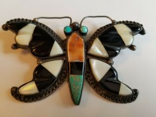 Vtg.  Native American Navajo Zuni Silver Inlay Turquoise Butterfly Pin Brooch
