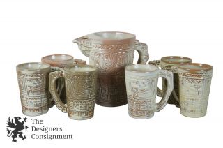 Vintage Frankoma Pottery Pitcher Mug Set Mayan Aztec Cup Mug Water Coffee 7m 7d