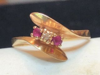 Estate Vintage 10k Yellow Gold Red Rubies & Diamond Ring Signed Ror Bypass
