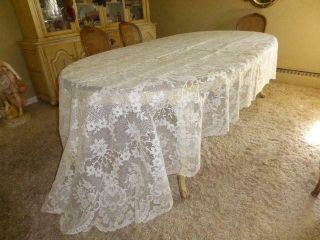 Divine Vintage French Alencon Lace 144 " Oval Banquet Tablecloth