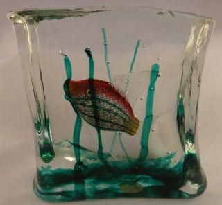 Vintage Venetian Salviati Murano Glass Aquarium Block W/ Fish & Seaweed.  5 ½” T.