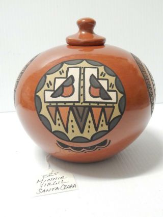Vintage Santa Clara Pueblo Indian Redware Pottery Lidded Pot By Minnie Vigil A,