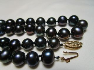 Estate Vintage 14k Gold Black Tahitian 8 Mm Pearl Hand Knotted Necklace