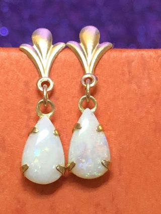Estate Vintage 14k Gold Natural Opal Earrings Drop Dangle Gemstone Stud