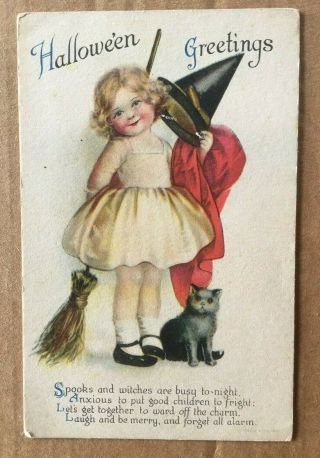Vintage Halloween Postcard - Girl With Witch 