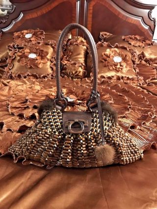 Salvatore Ferragamo Wooden And Glass Beaded Mink Bag Rare And Very Hard To Find