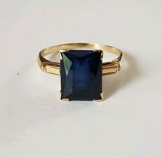 Vintage 14kt Yellow Gold 2.  7ct Emerald Cut 10mmx7.  7mm Blue Sapphire Ring Sz 7