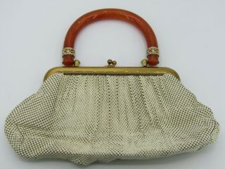 Vintage Whiting & Davis White Enamel Mesh Evening Bag With Amber Lucite Handle