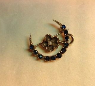 Vtg Crescent Moon Flower Sapphire Seed Pearl 14k Yellow Gold Brooch Pin