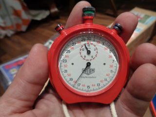 Red Heuer Trackmaster 1/10 Second Timer Stopwatch,  Vintage Swiss Made C.  1970s