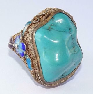 Gorgeous Vintage Chinese Vermeil Sterling Silver Filigree Enamel Turquoise Ring