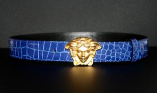 Vntg Gianni Versace Alligator Stamp Blue Leather Belt Medusa Bukle Sz 65/26