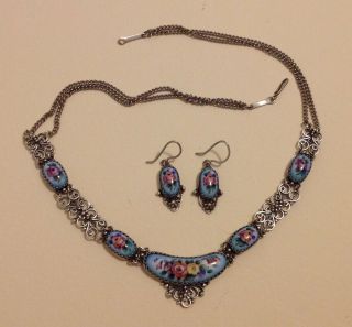 Gorgeous Vintage Finift Russian Enamel Necklace And Earrings Set Ussr Made 1980s