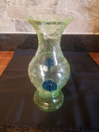 Rare VTG Vaseline Crackle Glass Vase Uranium Applied Medallion Art Glass 2