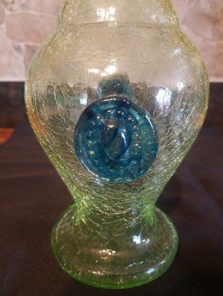 Rare VTG Vaseline Crackle Glass Vase Uranium Applied Medallion Art Glass 3