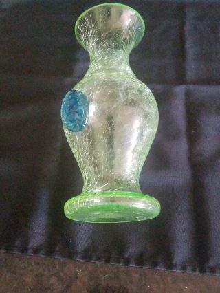 Rare VTG Vaseline Crackle Glass Vase Uranium Applied Medallion Art Glass 6
