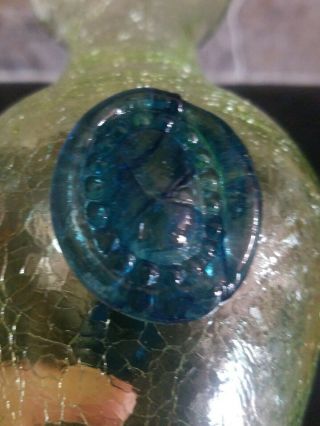 Rare VTG Vaseline Crackle Glass Vase Uranium Applied Medallion Art Glass 8
