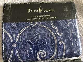 Vtg Ralph Lauren Elizabeth Paisley Delft Blue King Flat Sheet