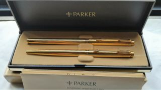 Parker 180 Imperial Gold Vintage Fountain Pen,  Ballpoint Set - Xf/m 14k (nos)