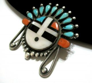 FABULOUS Signed Vtg ZUNI SW AMERICAN Gemstone Inlay SUNFACE Sterling PENDANT PIN 2