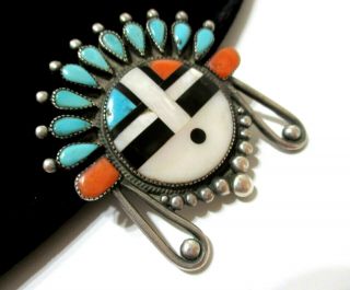 FABULOUS Signed Vtg ZUNI SW AMERICAN Gemstone Inlay SUNFACE Sterling PENDANT PIN 3