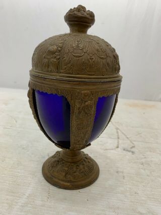 Vintage Brass Blue Glass Vase Urn Trinket Box