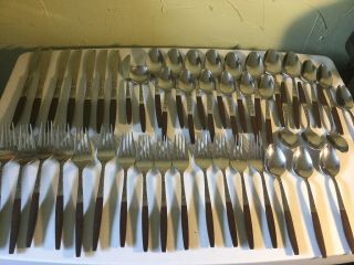47 Vtg Interpur Stainless Flatware Knives Forks Spoons Wood Japan Svc 6,  Xtras