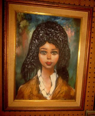 Vintage Andre Daude Big Eye Mid Century Pretty Girl Painting