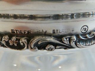 STIEFF DEEP FLORAL REPOUSSE STERLING LIDDED HAIR RECEIVER W/ CUT GLASS JAR 4