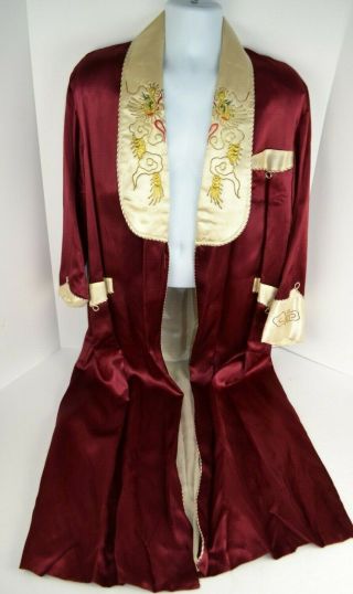 Vtg Asian Robe Kimono,  Embroidered Metallic Gold Dragon,  Burgundy/beige