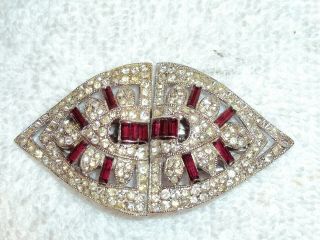 Coro Vintage Duette Pin Brooch Fur Clip Ruby Red & White Rhinestones