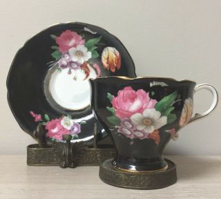 Vintage Rare Paragon Cup & Saucer Black With Flowers