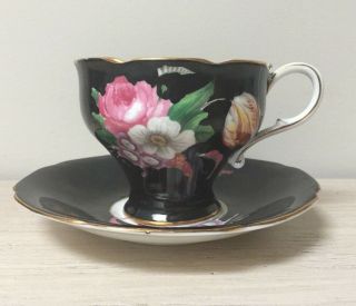 Vintage Rare Paragon Cup & Saucer Black with Flowers 2