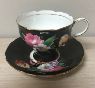 Vintage Rare Paragon Cup & Saucer Black with Flowers 3