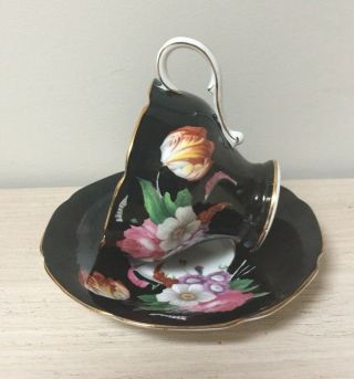 Vintage Rare Paragon Cup & Saucer Black with Flowers 4