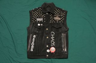Vtg Punk Studded Black Denim Vest Hardcore Special Duties Chronic Sick Motorhead