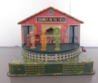 Vintage Farmer In The Dell 1953 A - Mattel 503 Tin Lithograph Made In Usa