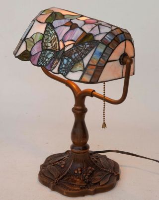 Vintage Tiffany Style Stained Glass Dragonfly Table,  Desk,  Bankers Lamp