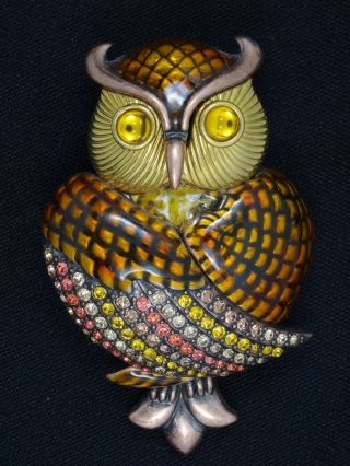 Vintage Joan Rivers Enamel & Rhinestone Wide Eyed Owl Pin Brooch 2 5/8 "