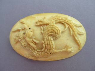 3d Antique Vintage Asian Chinese Oval Bone Bovine Carved Dragon Brooch Pin