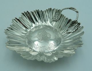 Unusual Victorian Fluted Silver Bon Bon Dish Or Nut Bowl 1894 / Leaves & Trees
