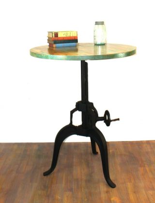 Iron Round Crank Handle Urban Vintage Side Table 30 Inch Diameter Wood Top