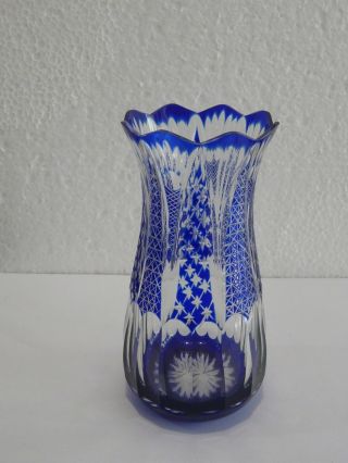 Rare Vintage Czech Bohemian Cobalt Blue Cut To Clear Crystal Small Vase 5 2/8 "