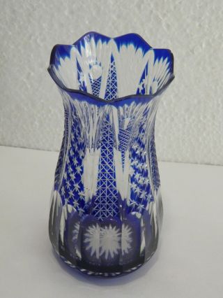 Rare Vintage Czech Bohemian Cobalt Blue Cut to Clear Crystal Small Vase 5 2/8 