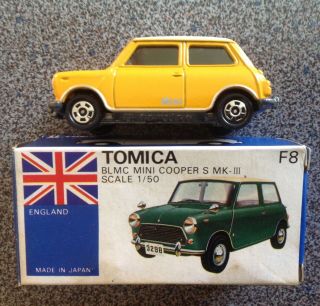 Vintage Japan Tomica Tomy F8 Blmc Mini Cooper Mark Iii,  Yellow/ White Roof