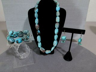 Vtg Navajo 4 Pc Turquoise Nugget Necklace Bracelet Earrings Set 118.  1 Gram