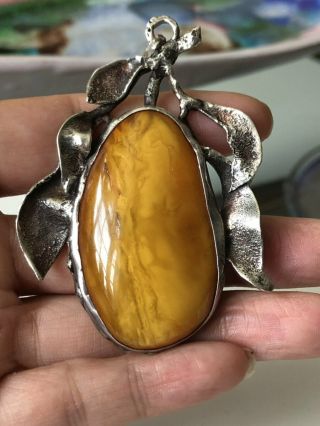 Huge Vintage Silver Butterscotch Amber Necklace Pendant